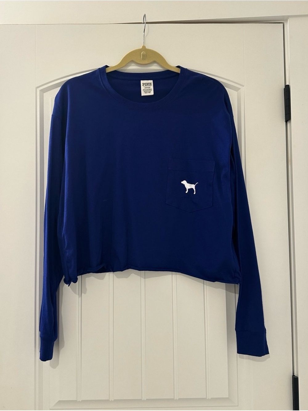 NWOT VS PINK Victoria's Secret Tropical PINK Dog Blue Long Sleeve Crop Top Sz L